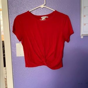 red and navy blue top